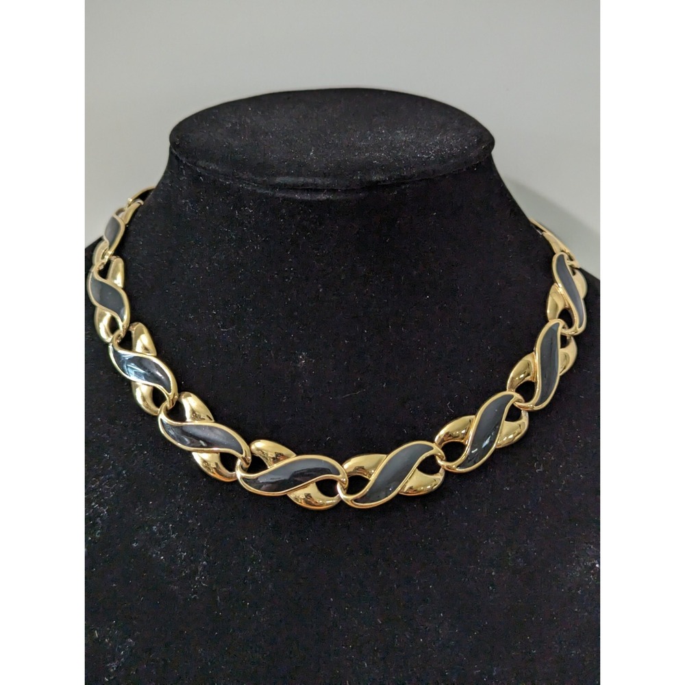 Vintage Napier Shiney Gold Tone Black Enamel Infinity Wide Necklace 16" Long.
